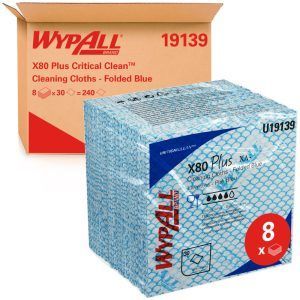 Paños WypAll® X80 Plus Critical Clean™ 19139 - Paños industriales azules de 1 capa - 8 paquetes x 30 paños plegados 1/4 (240 en total)