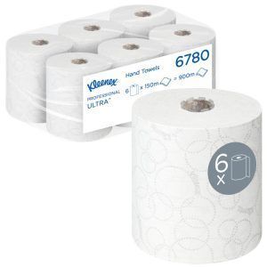Toallas Secamanos en Rollo Kleenex® Ultra™ 6780 – 6 Rollos x 150 m, 2 Capas, Blancas, Suaves, Airflex™, Ecológicas, Contacto Alimentario