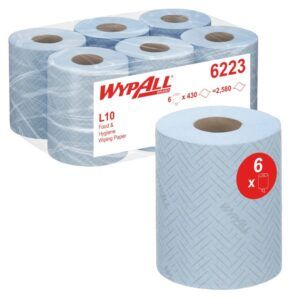 Celulosa Azul WypAll® L10 Reach™ 6223 para Alimentación y Servicio – 6 Rollos de 430 hojas