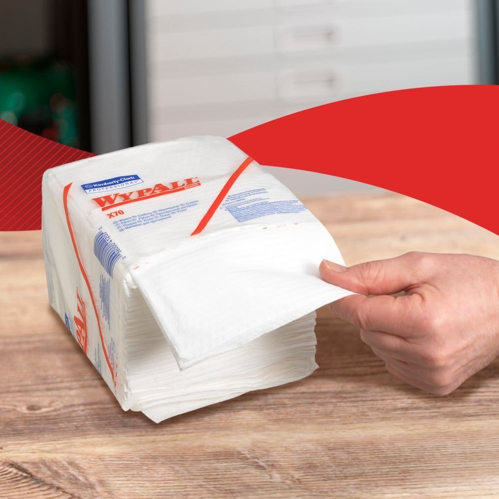 Bayetas WypAll® X70 Power Clean™ 8387 - Bayetas industriales blancas de 1 capa - 12 paquetes x 76 bayetas plegadas 1/4 (912 en total) - Imagen 6