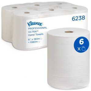 Toallas Secamanos en Rollo Kleenex® Ultra™ 6238 – 6 rollos de 180 metros, 2 capas, Tecnología Airflex™, Certificación FSC®