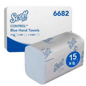 Toallas de Mano Plegadas en V Scott® Control™ 6682 – 15 paquetes de 240 hojas, 1 capa, Color Azul, Tecnología Airflex™