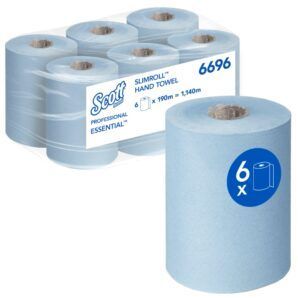 Toallas Secamanos en Rollo Slimroll™ Scott® Essential™ 6696 – 6 rollos de 190 metros, 1 capa, Color Azul, Tecnología Airflex™