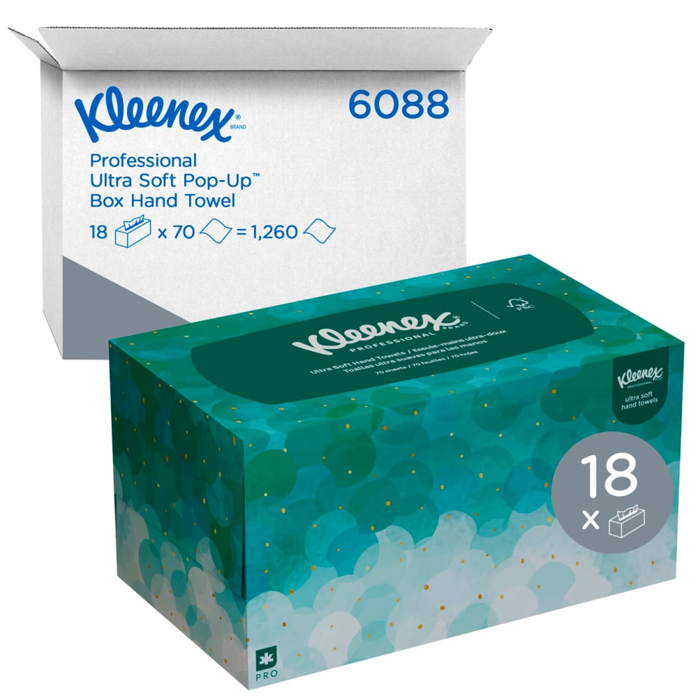 Kleenex® Ultra Soft Pop Up Toallas de Manos Entrelazadas 6088, 18 Cajas de 70 Hojas de Papel, Color: Blanco